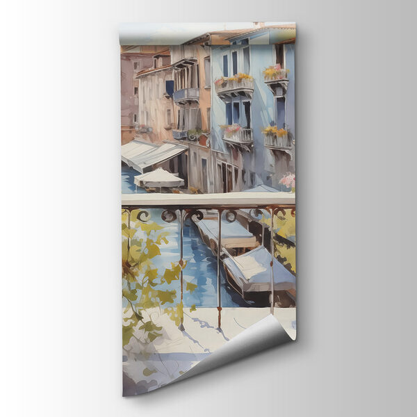 Watercolor painting of a river with a row of buildings and flowers on a balcony Watercolor painting of a river with a row of buildings and flowers on a balcony