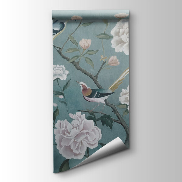 Painting of birds on a branch with flowers
