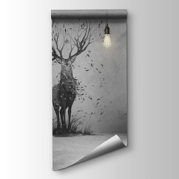 Wall with a drawing of two deer and trees