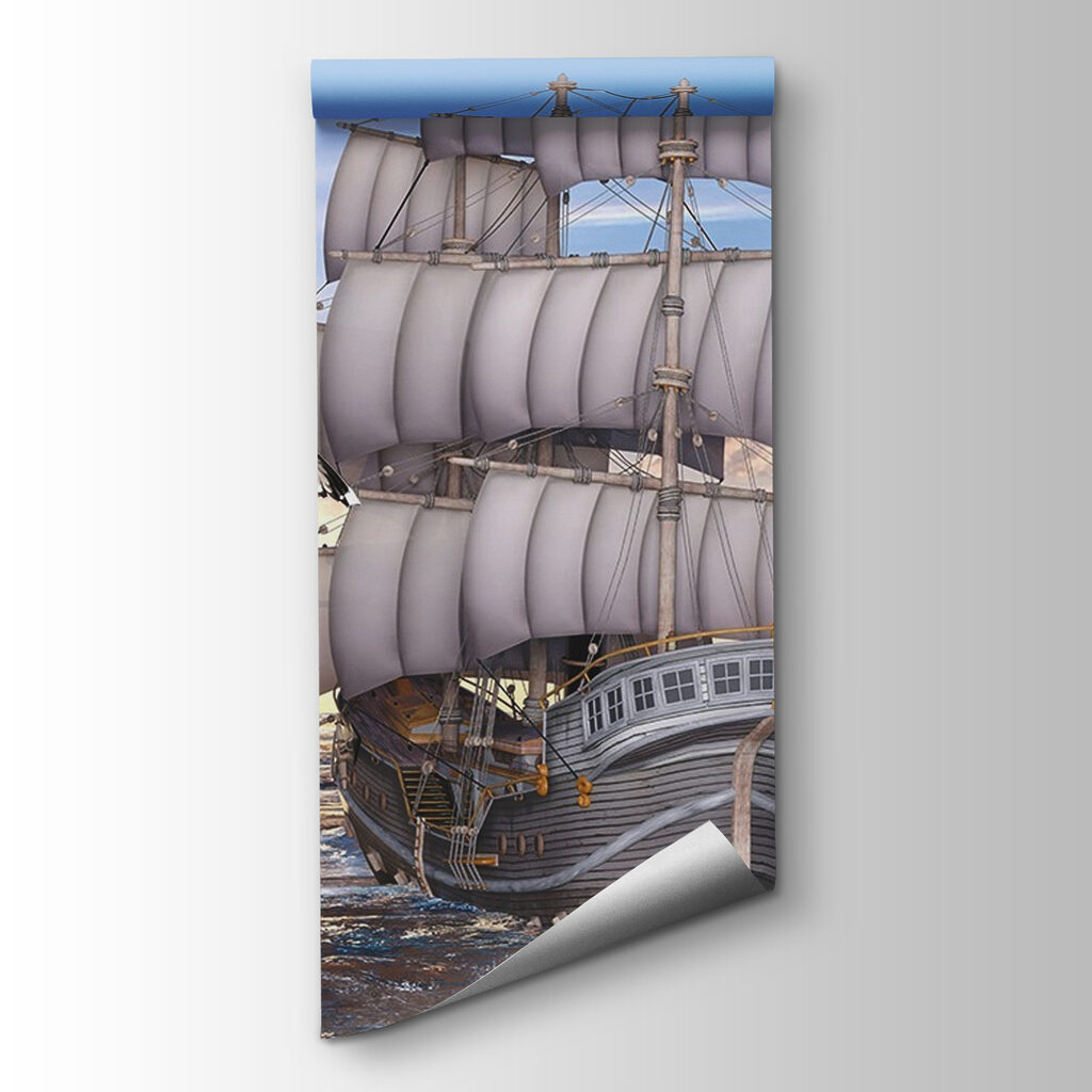 Ship in the water with birds flying