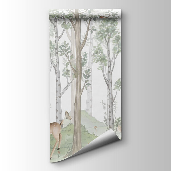 Wallpaper with a forest of trees and animals