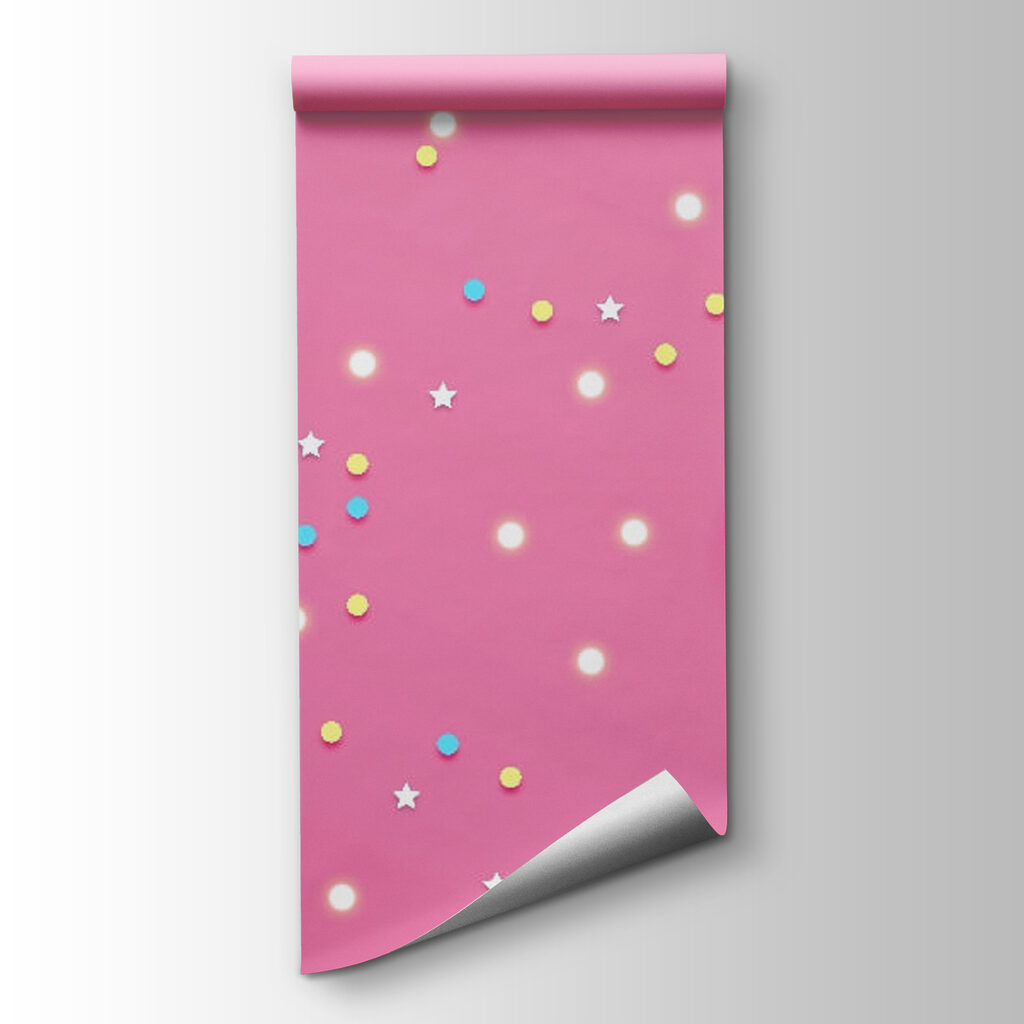 Pink background with white and blue balloons and stars