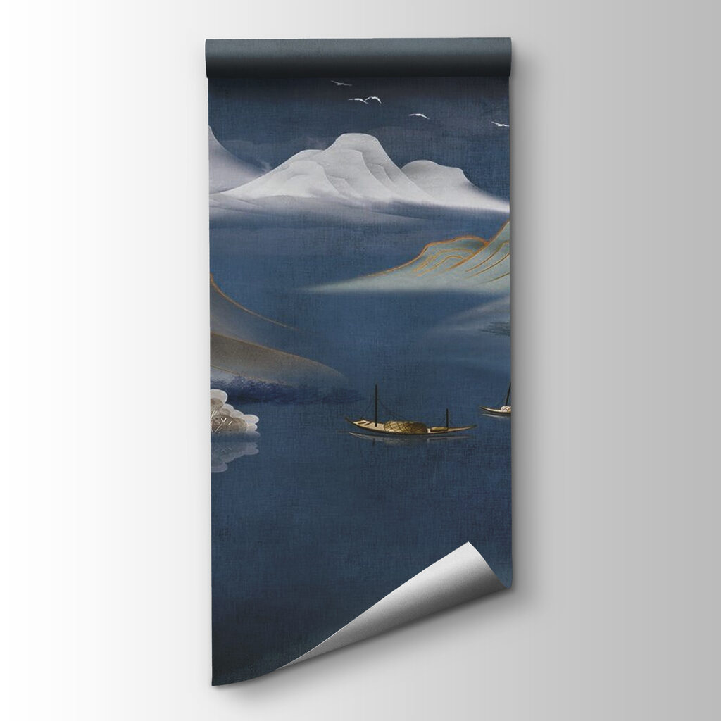 Painting of mountains and boats in water