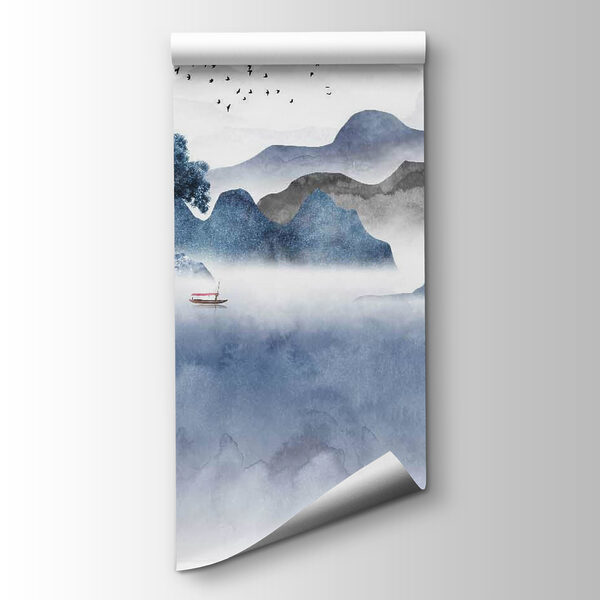 Painting of mountains and a tree