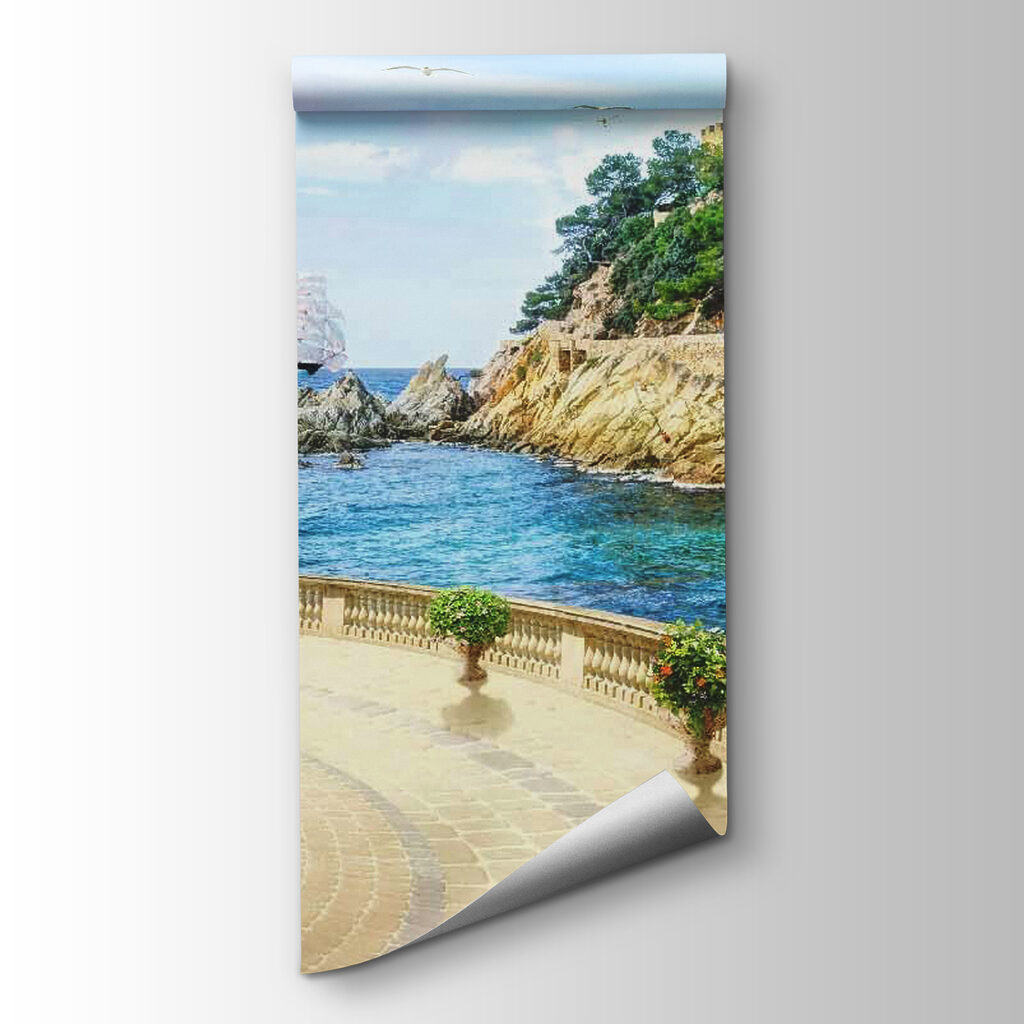 Balcony with columns and flowers on the side of the ocean Balcony with columns and flowers on the side of the ocean