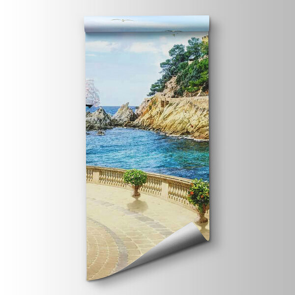 Balcony with columns and flowers on the side of the ocean Balcony with columns and flowers on the side of the ocean