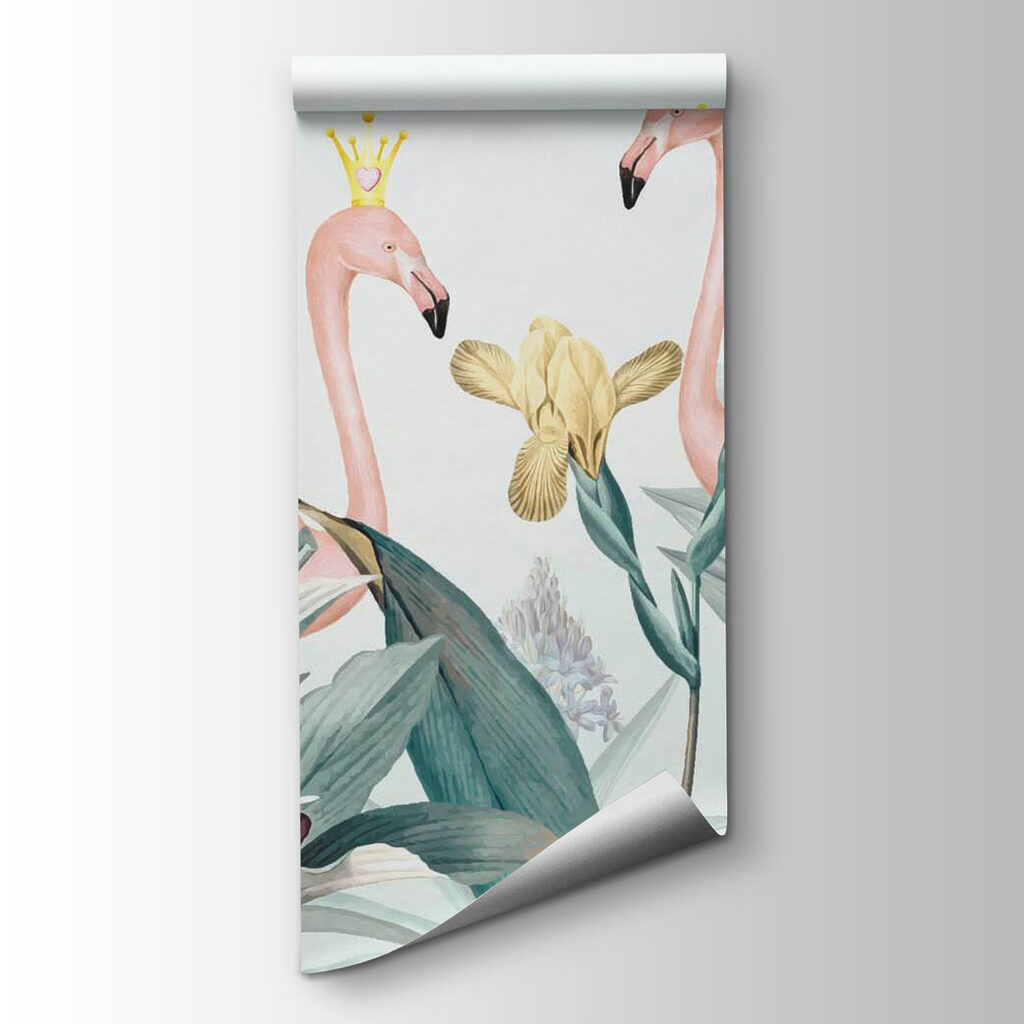 Group of flamingos with crowns and flowers