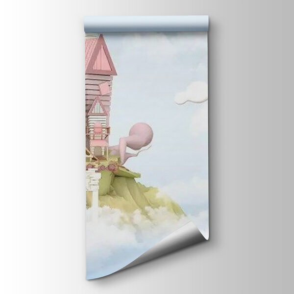 Cartoon houses floating in the sky