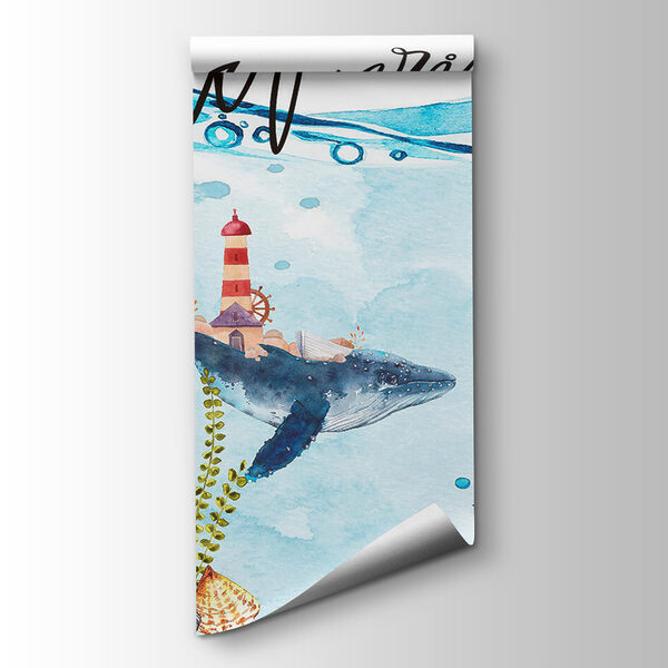 Watercolor of a whale and a lighthouse