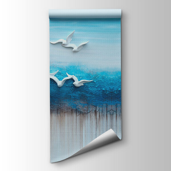 Painting of birds flying over a blue ocean Painting of birds flying over a blue ocean