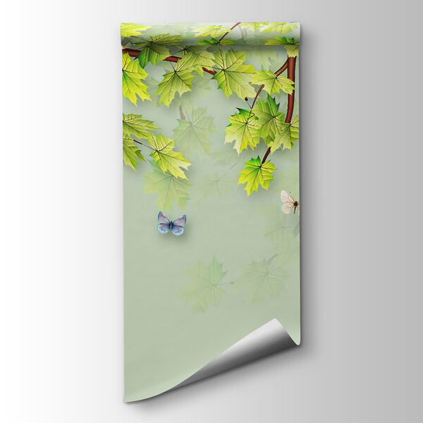 Green leaves and butterflies on a white background