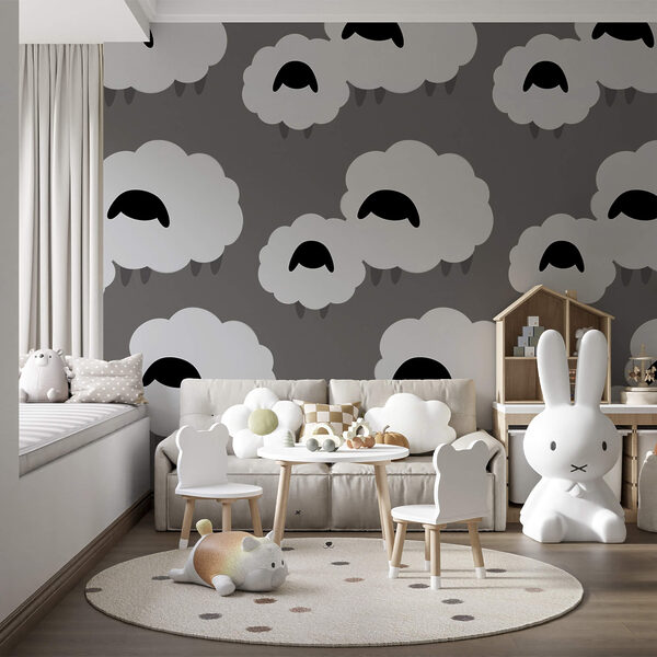 Wall murals Group of white clouds with black sheep (SKU: t00402) Wall murals Wall murals Group of white clouds with black sheep (SKU: t00402)