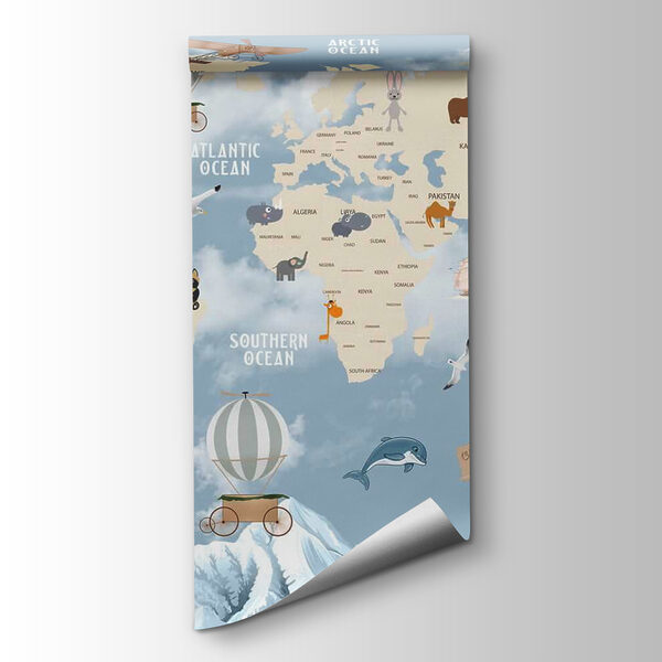 Map of the world with different animals and birds