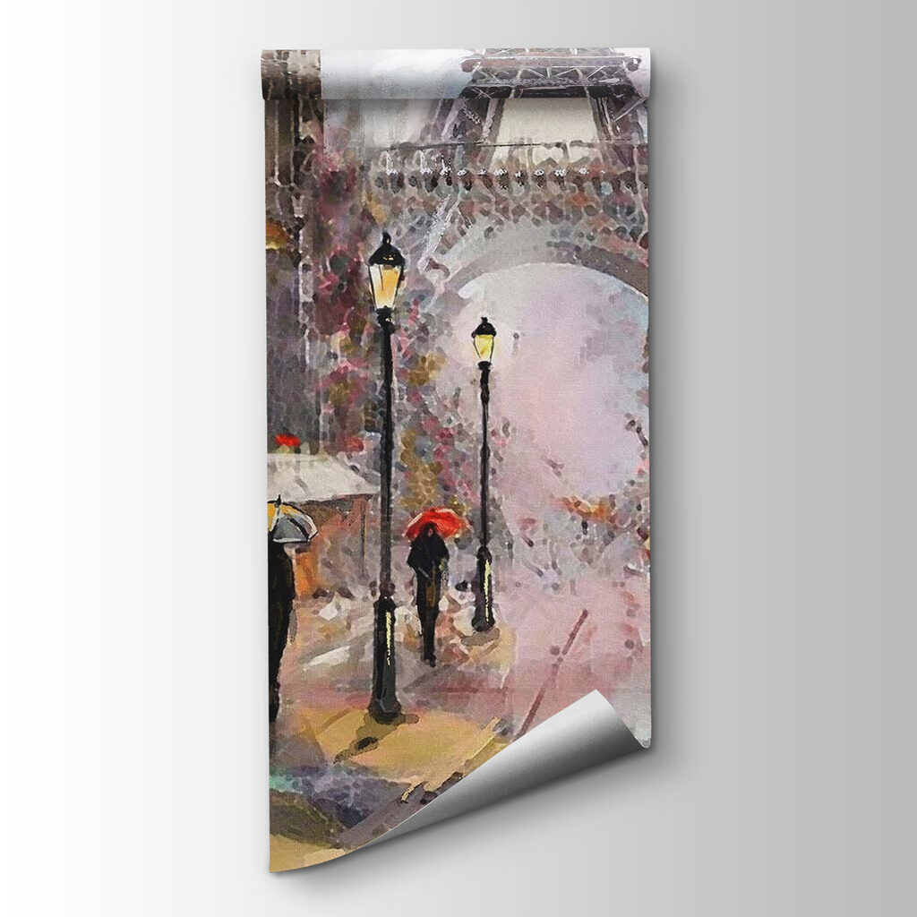Painting of people walking in the rain with umbrellas Painting of people walking in the rain with umbrellas