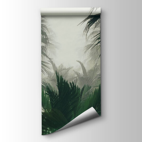 Group of palm trees in a foggy forest