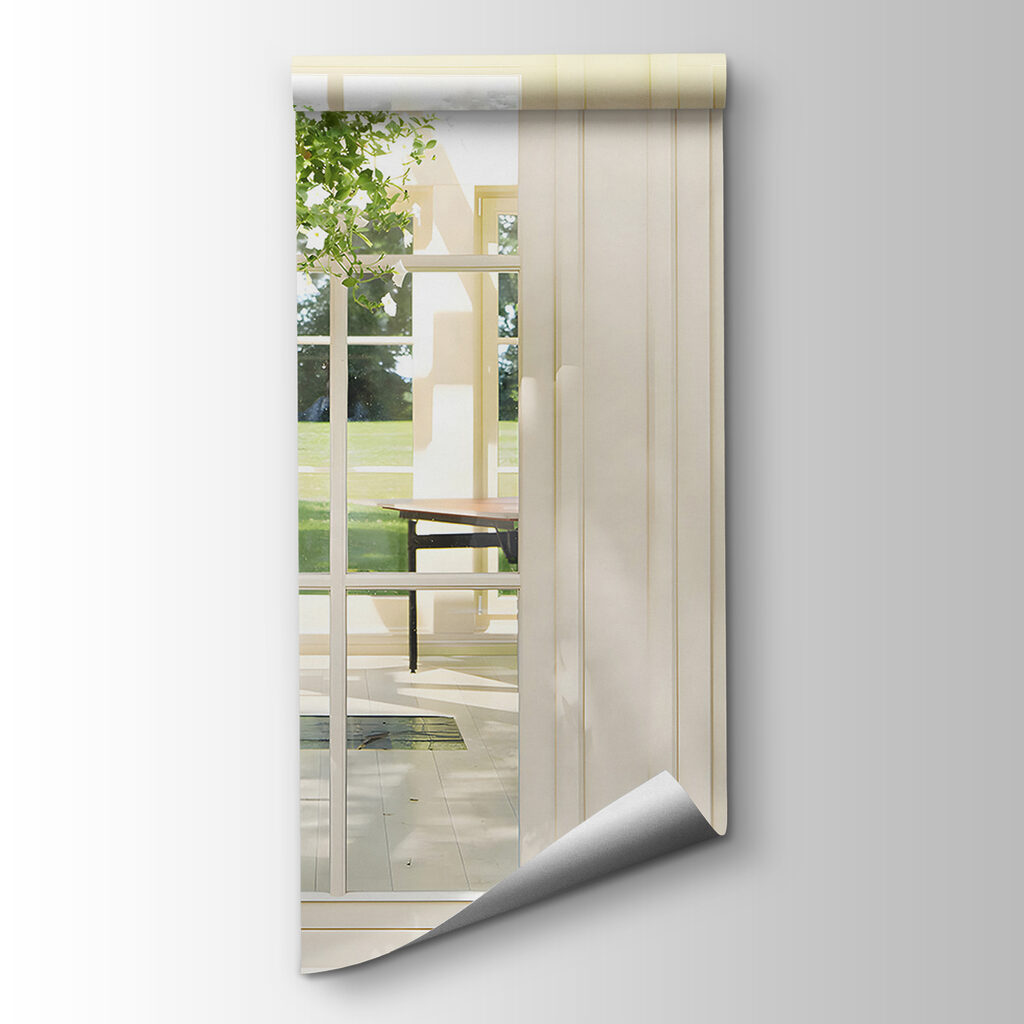 White patio door with glass windows and a potted plant from it White patio door with glass windows and a potted plant from it