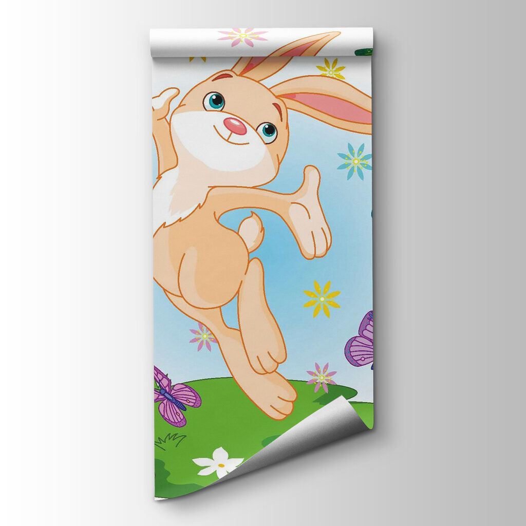 Cartoon of a rabbit jumping in the air with butterflies
