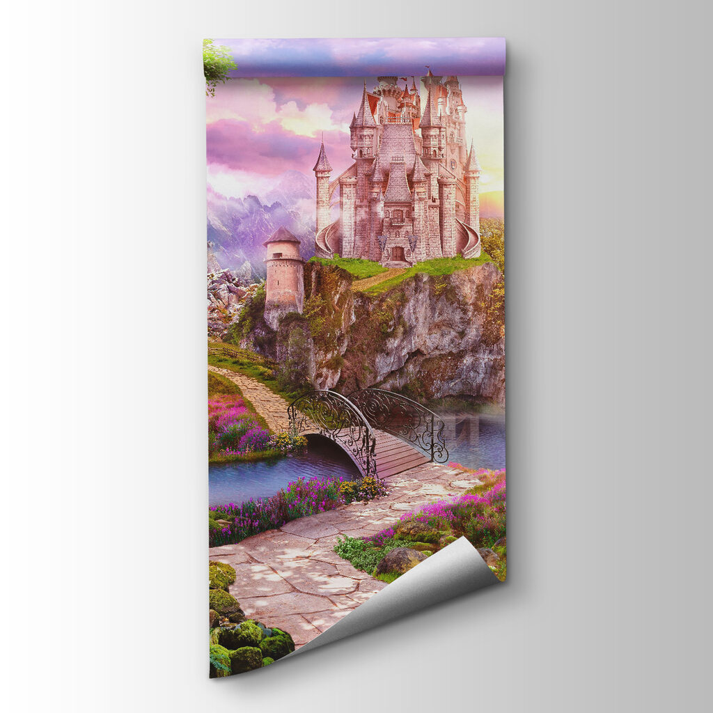 Castle on a cliff with a waterfall and a bridge Castle on a cliff with a waterfall and a bridge