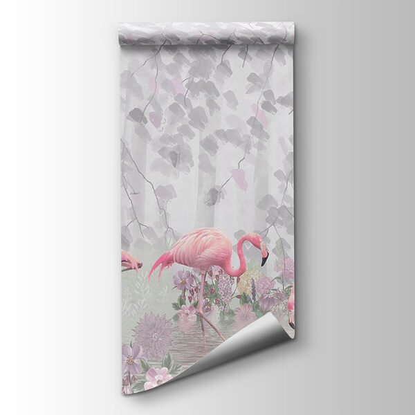 Group of pink flamingos in a pond with flowers