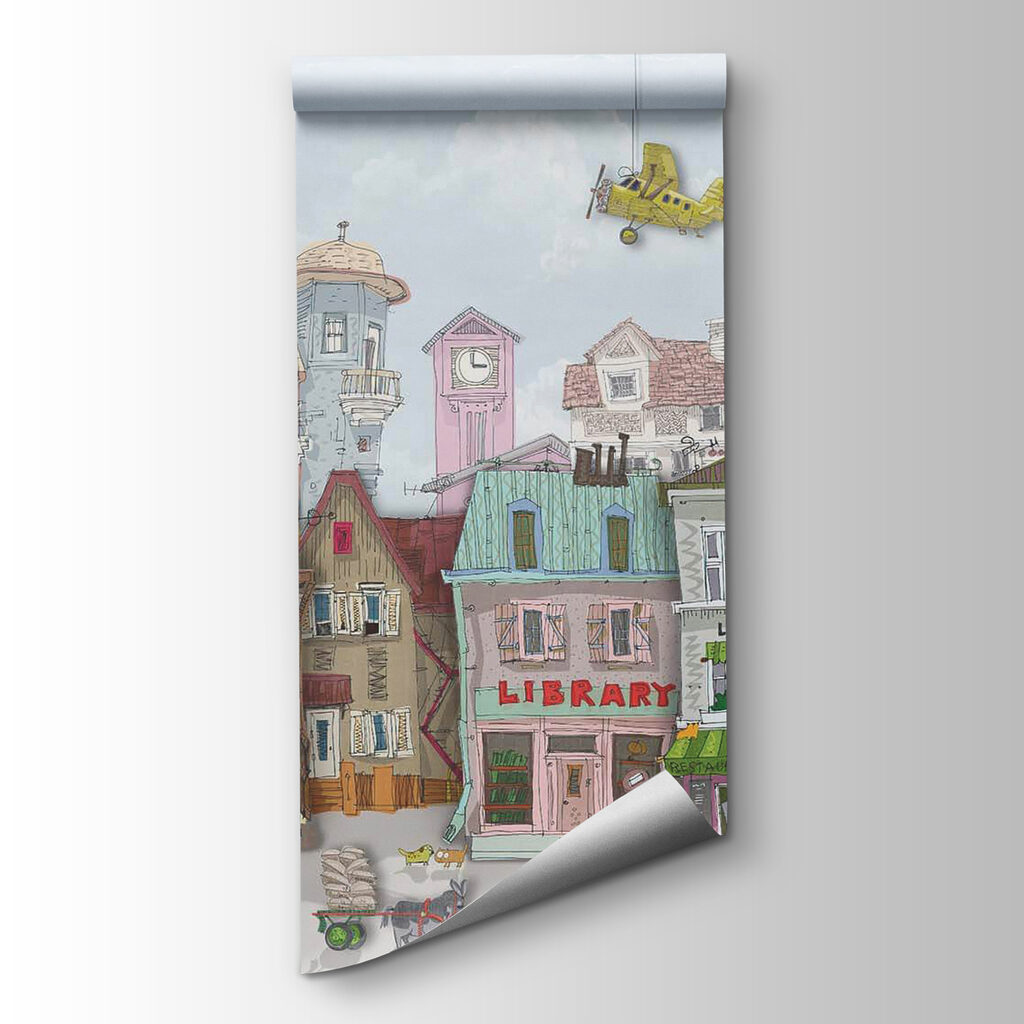 Group of buildings with cars and airplanes Group of buildings with cars and airplanes