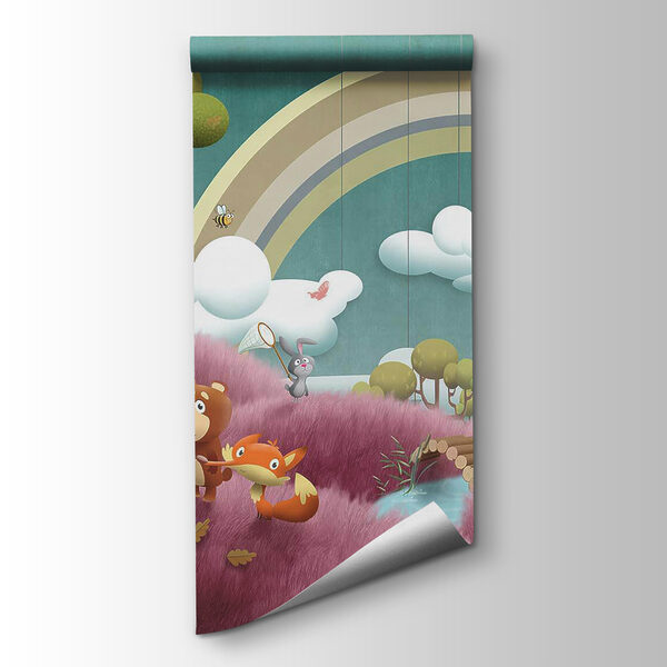 Cartoon scene with animals and a river