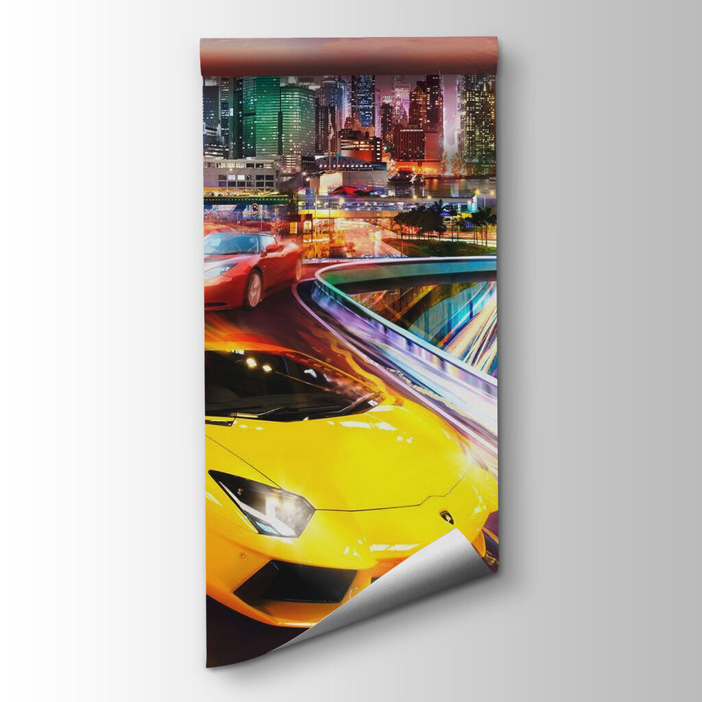 Yellow and red sports cars on a road with a city in the background Yellow and red sports cars on a road with a city in the background