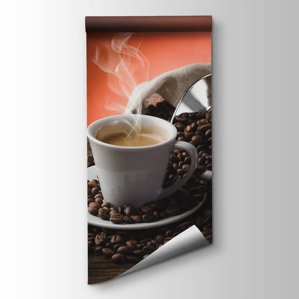 Cup of coffee with steam and coffee beans Cup of coffee with steam and coffee beans