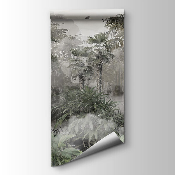 Foggy forest with trees and birds