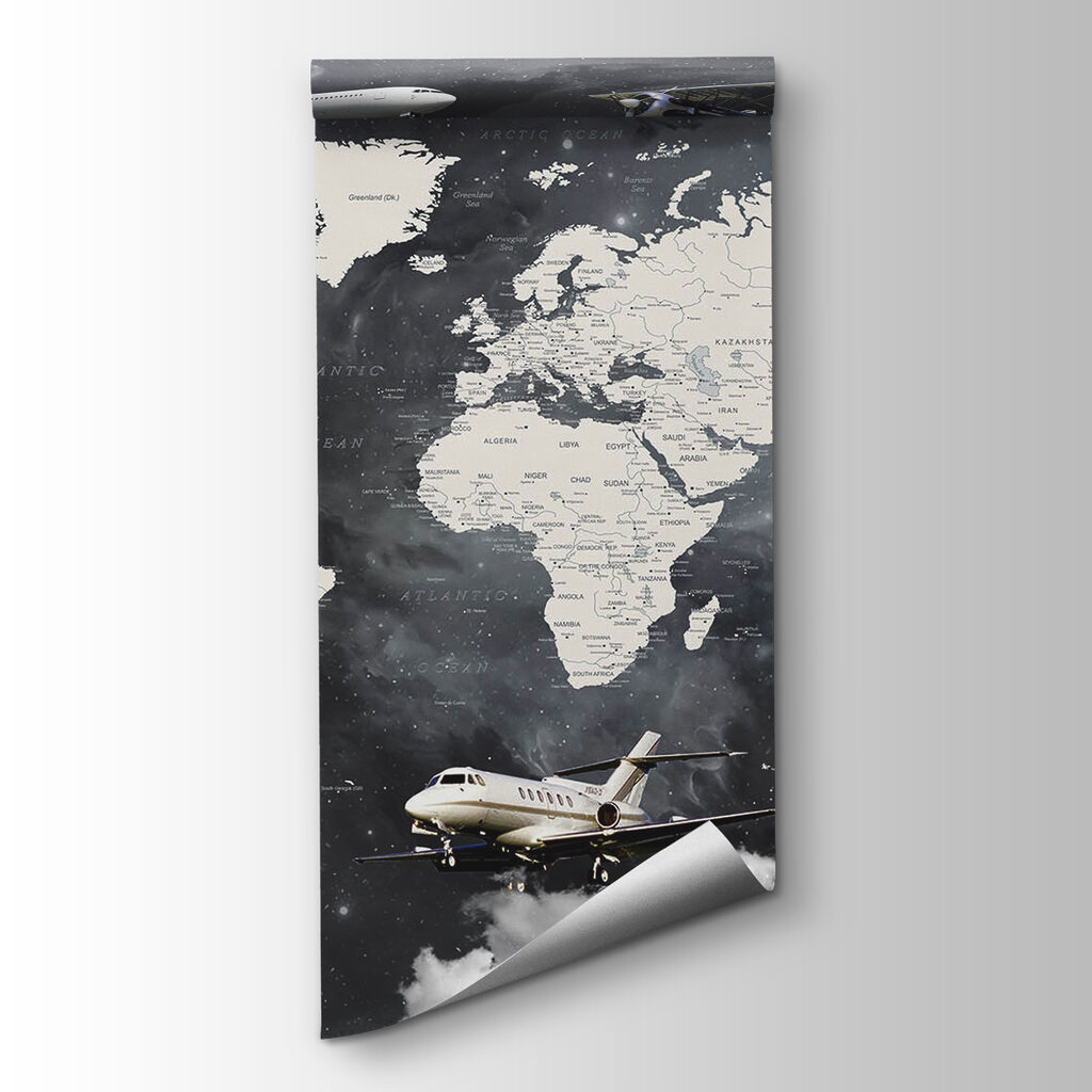 Map of the world with airplanes and hot air balloons