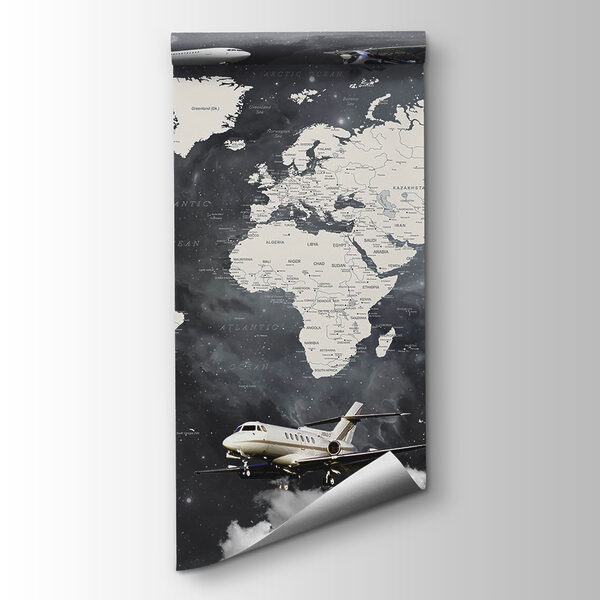 Map of the world with airplanes and hot air balloons