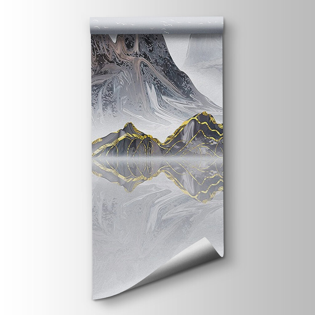 Mountain range with a red tree in the middle of the water Mountain range with a red tree in the middle of the water