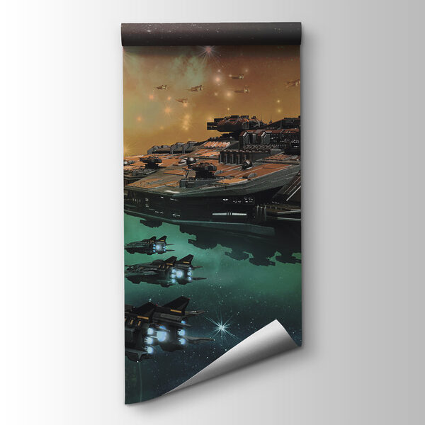 Space ship in space with a group of spaceships in the sky