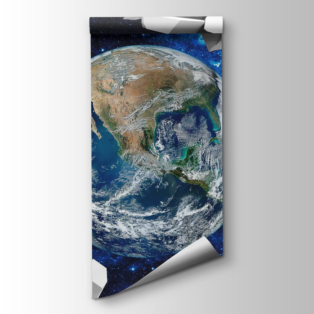 Planet earth breaking through a hole in the wall