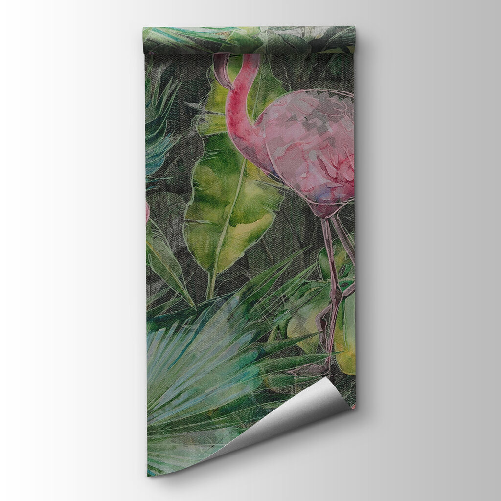 Pink flamingo and green leaves