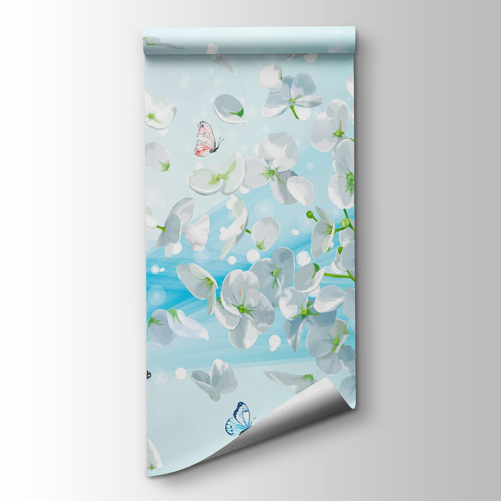 White flowers with butterflies flying