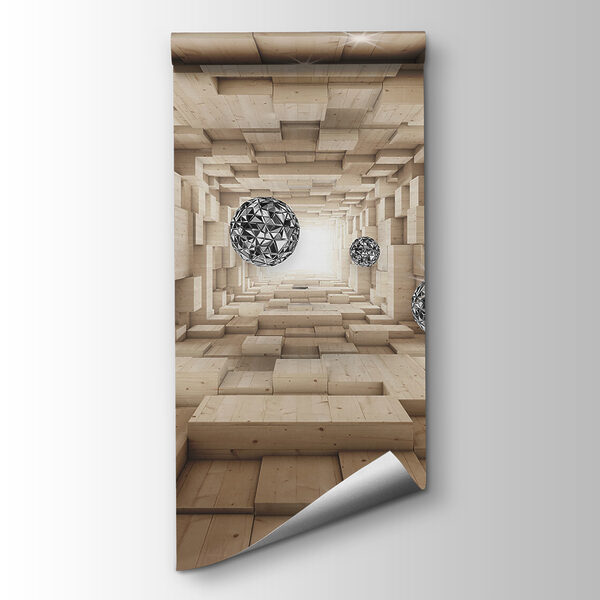 Room with wood and silver balls Room with wood and silver balls