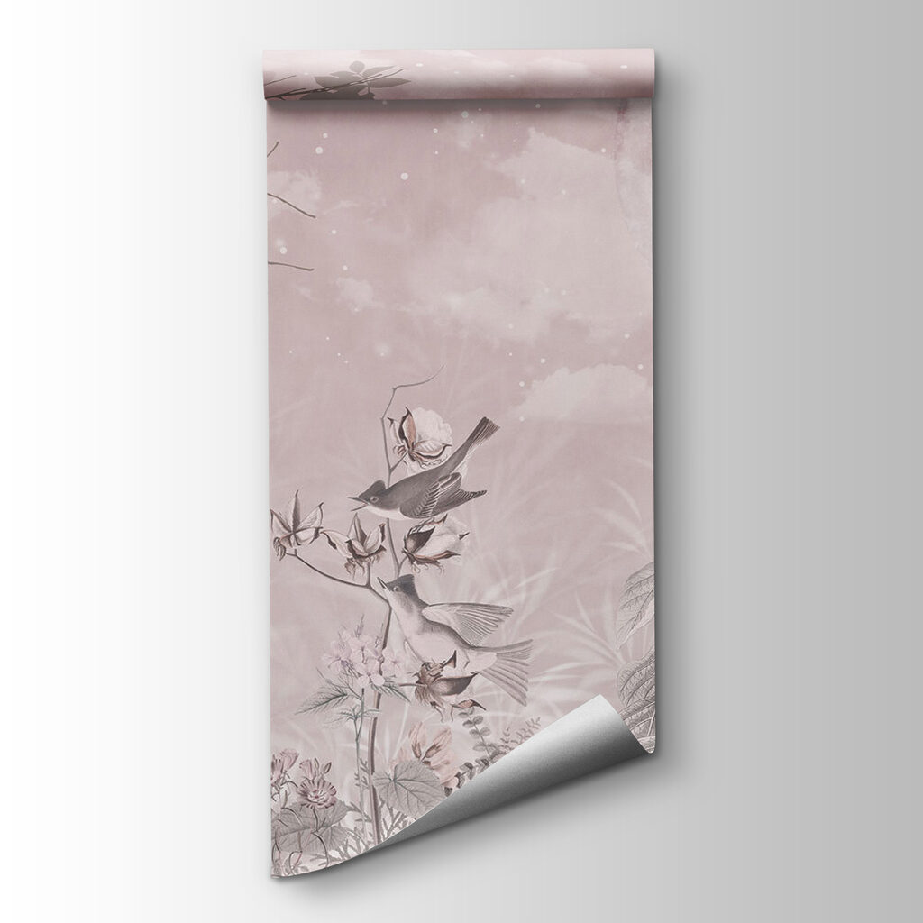 Pink background with birds and flowers