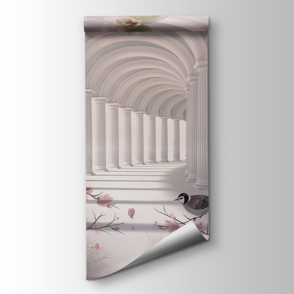 White archway with white columns and birds