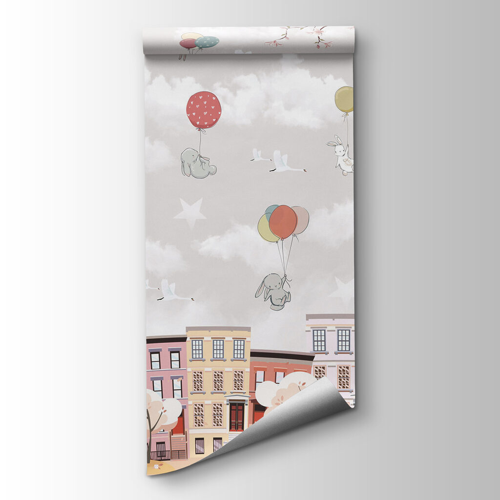 City with trees and balloons