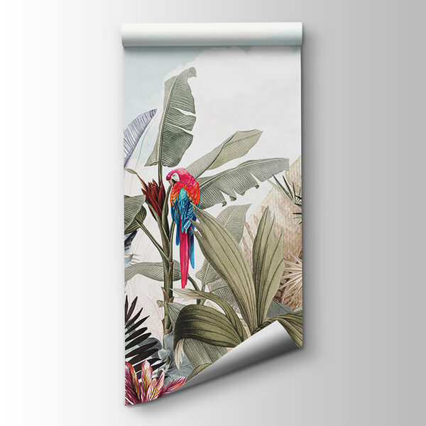 Wallpaper with tropical plants and birds