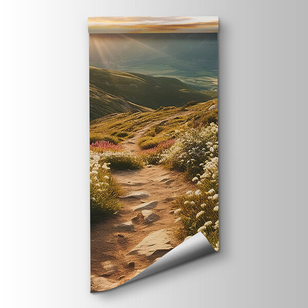 Path through a valley with flowers and mountains in the background