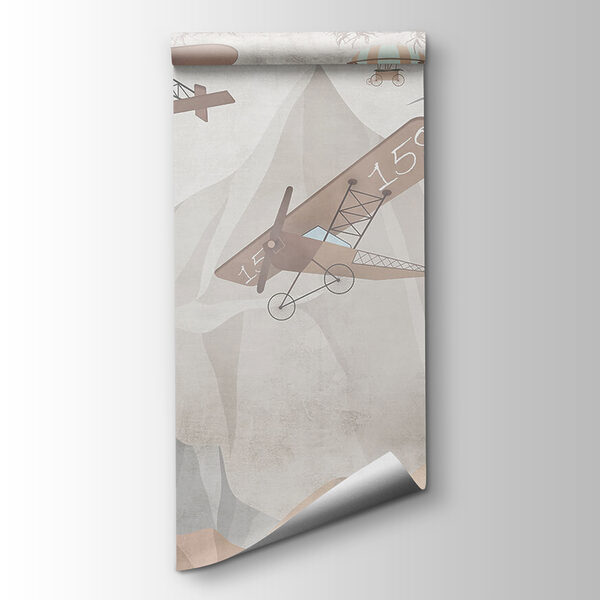 Painting of airplanes flying over mountains