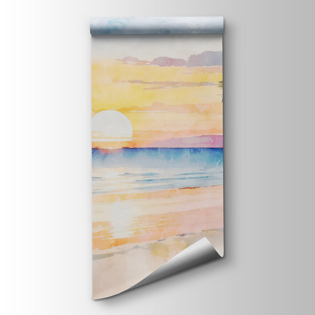 Watercolor of a beach with palm trees and a sunset