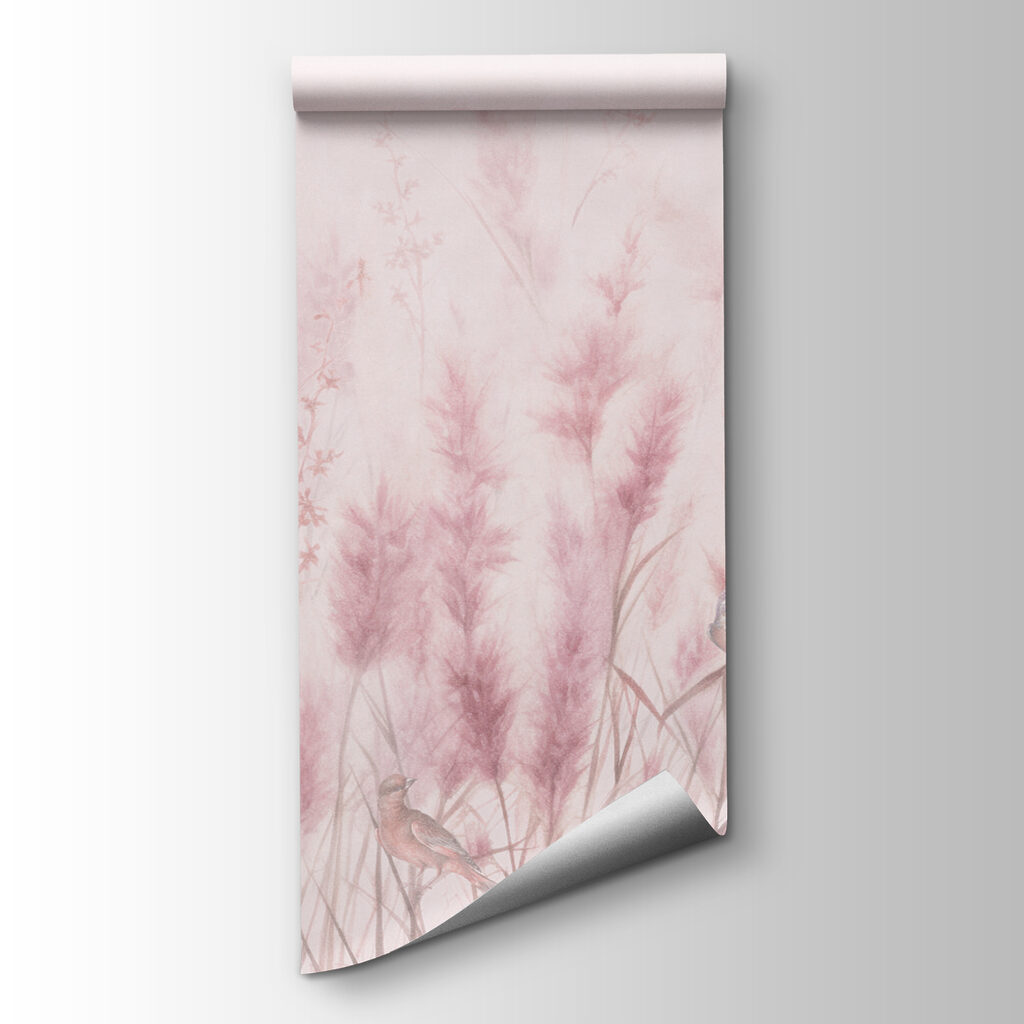 A group of birds in a field of pink grass