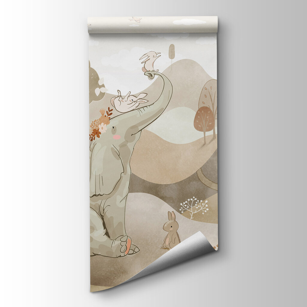 An elephant and rabbits in a landscape