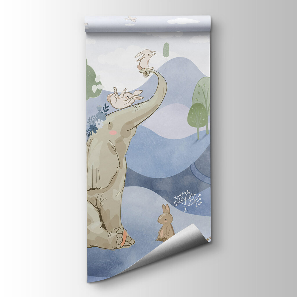 An elephant and rabbits in a forest An elephant and rabbits in a forest