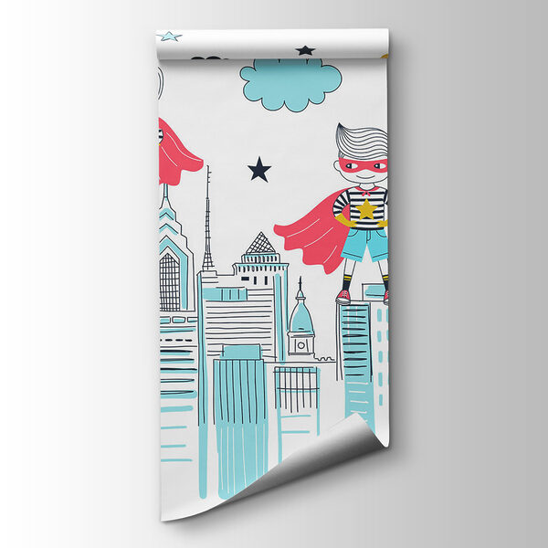 A cartoon of a superhero on a city