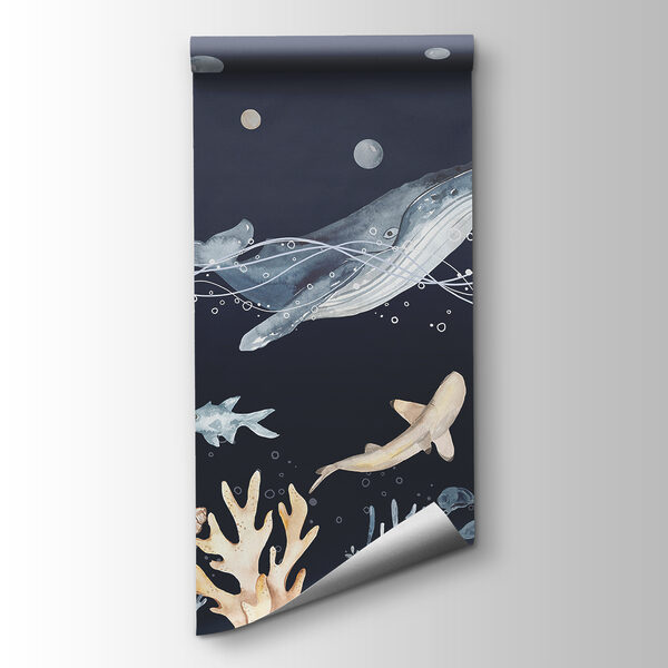 A watercolor of a whale and fish