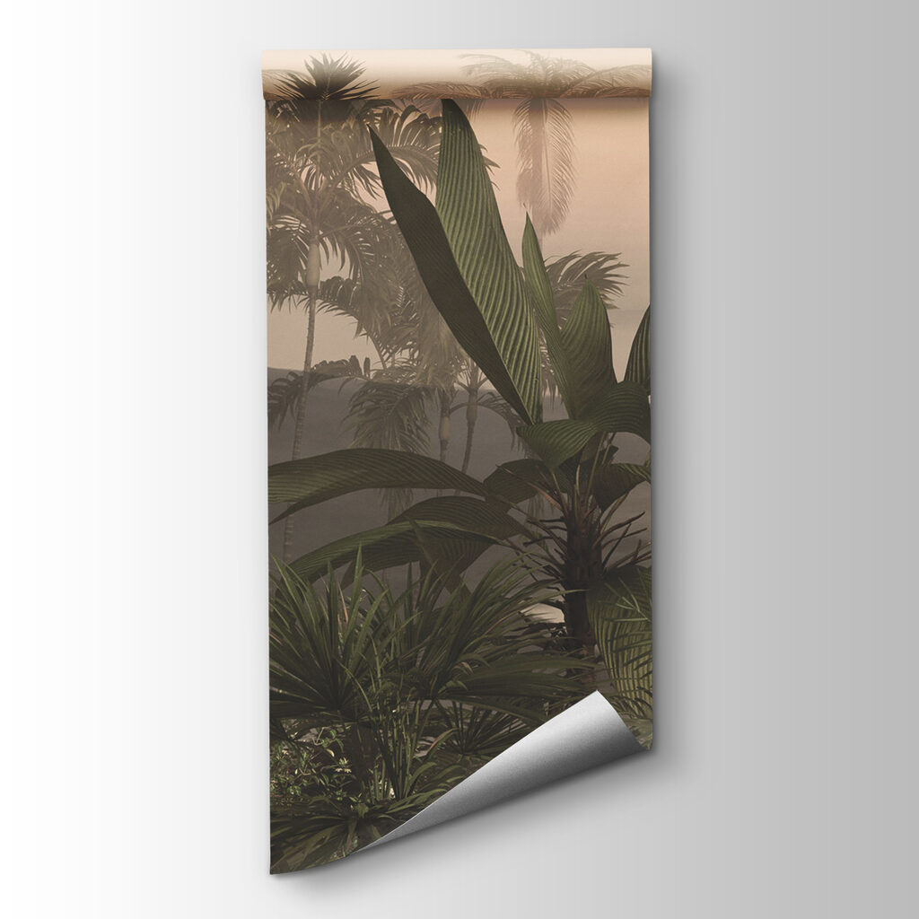 A group of palm trees in a foggy forest