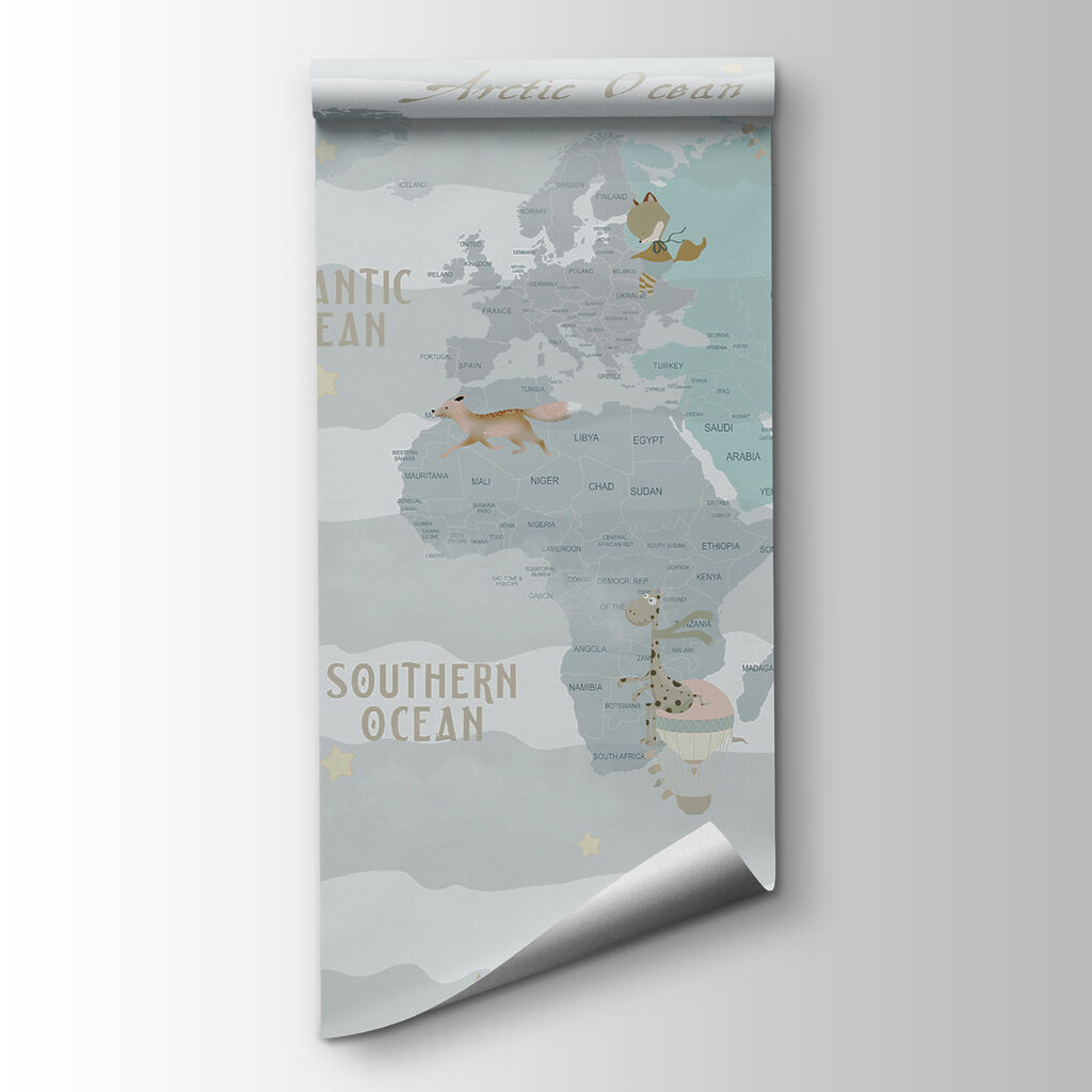 A map of the world with animals and balloons